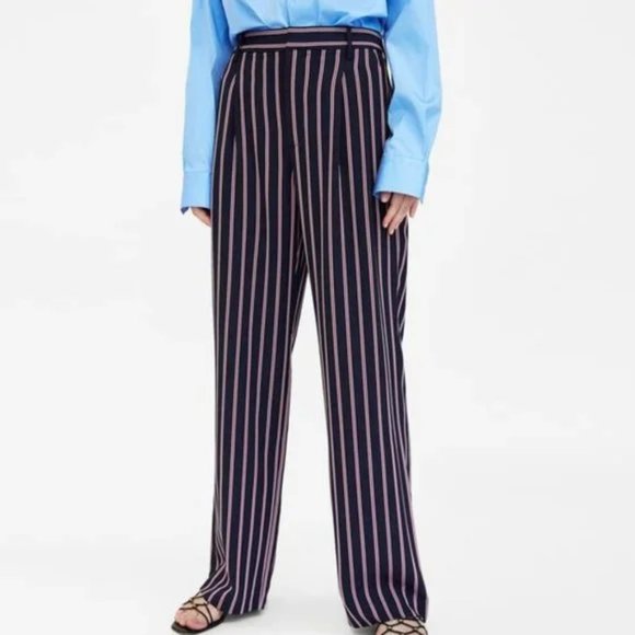 Zara Dress Pants S Trousers Navy Blue Striped Baggy Fit - Picture 2 of 13